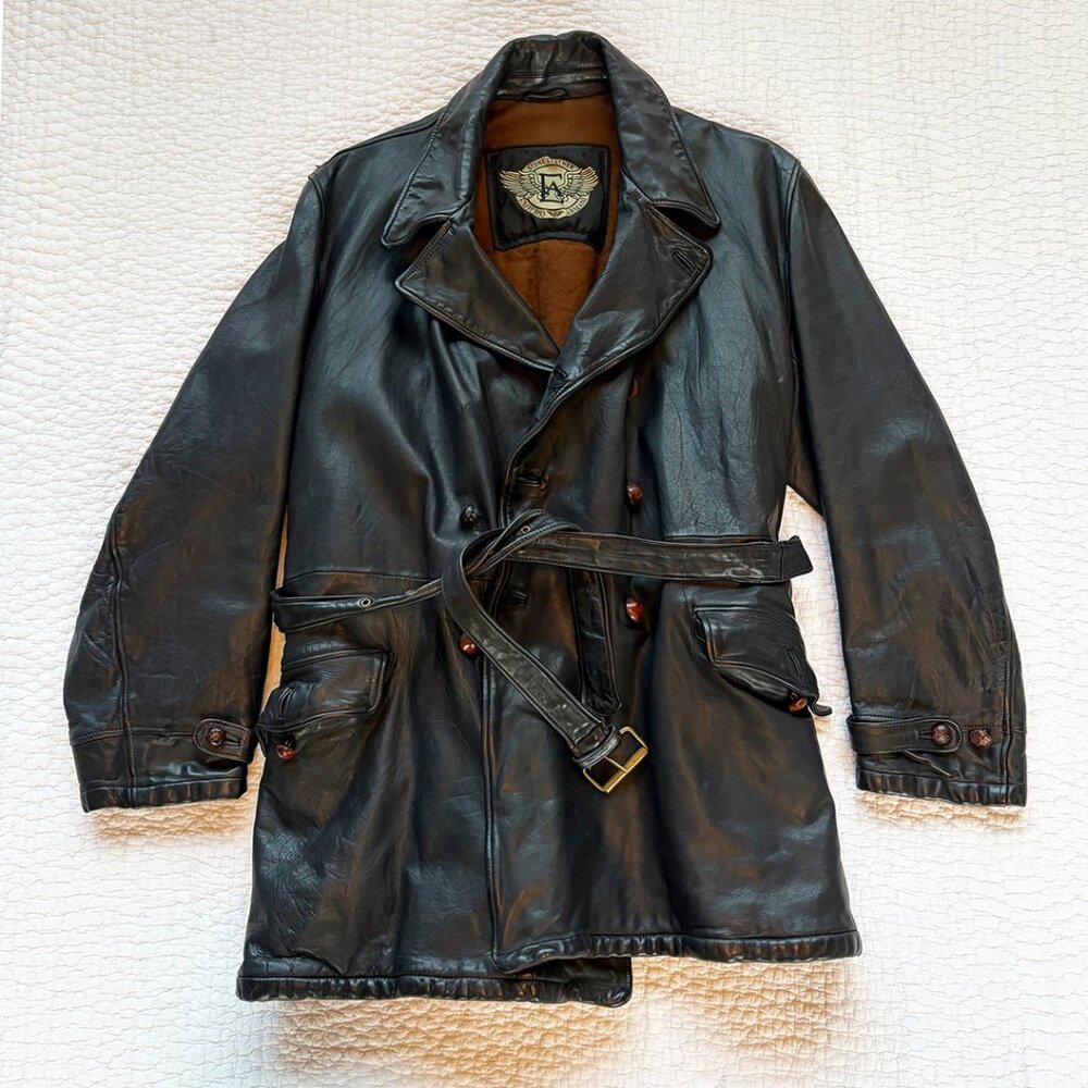 Vintage Emporio Armani Stone Leather Short Trench Coat, Mens Size 52